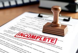 Close-up of a red “Incomplete” stamp on a document on a legal desk.
